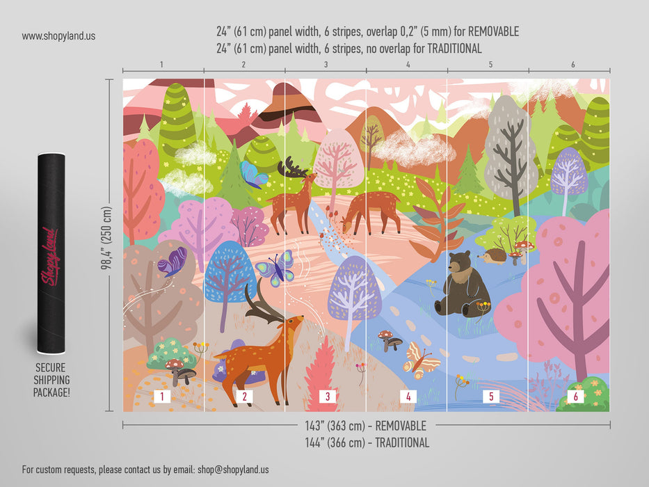 Magic Forest Peel and Stick Wallpaper, Kids Removable Wallpaper, Hand-painted Wallpaper, Modern Nursery Room, W179