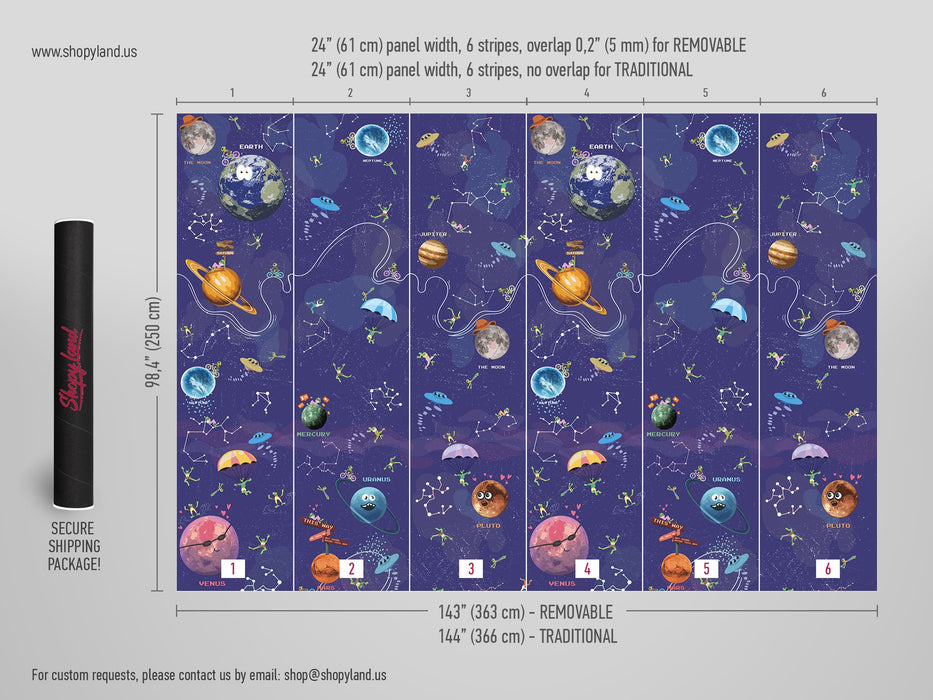 Funny Space Peel and Stick Wallpaper, Kids Space Removable Wallpaper, Planets Peel and Stick Wallpaper, W194