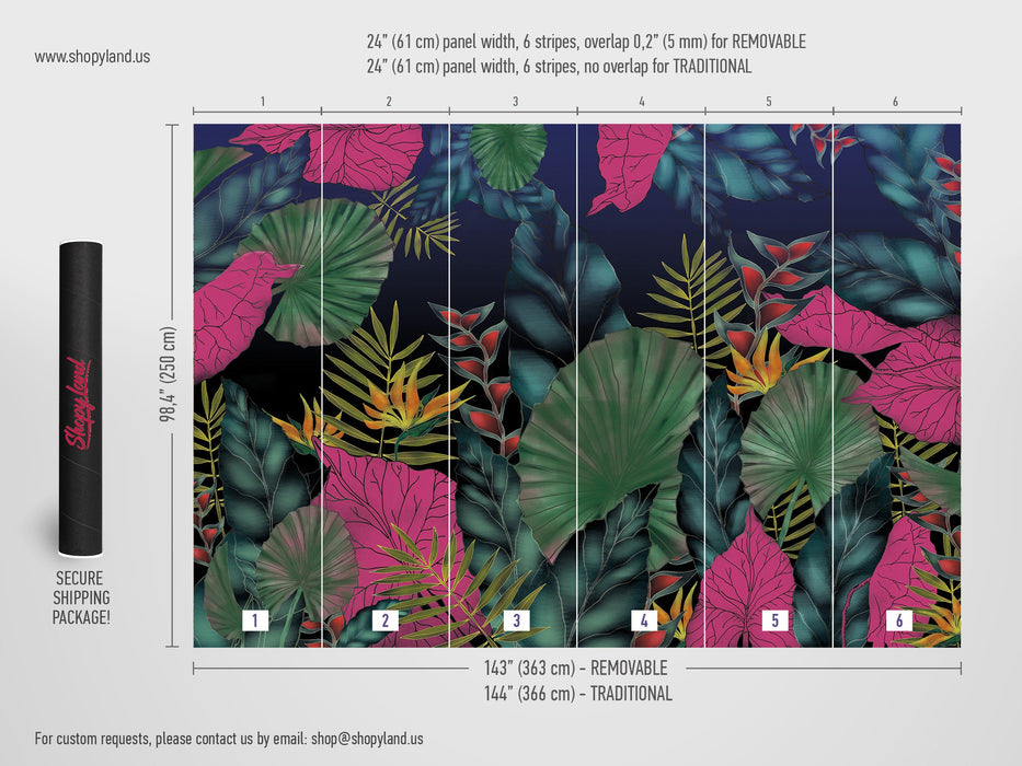 Removable Wallpaper Funky Jungle, Self Adhesive Wall Mural, Peel and Stick Palm Leaves, Tropical wallpaper, Exotic Tropical Pattern, W80