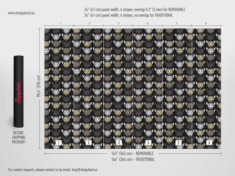 Cat Face Removable Wallpaper, Crazy Cat Snout Peel and Stick, Cat Wallpaper, Cats Wall Mural, Dark Designer Wallpaper, W135