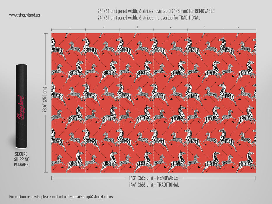 Zebra Removable Wallpaper, Vintage Peel and Stick Wallpaper, Zebras Pattern, Classic Jumping Zebras Wallpaper, W138