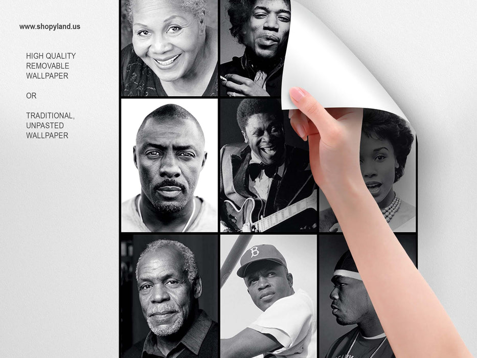 Wall Mural Black Celebrities Collage, Aesthetic Removable Wallpaper, Celebrities Wallcovering, Portrait photography, 223