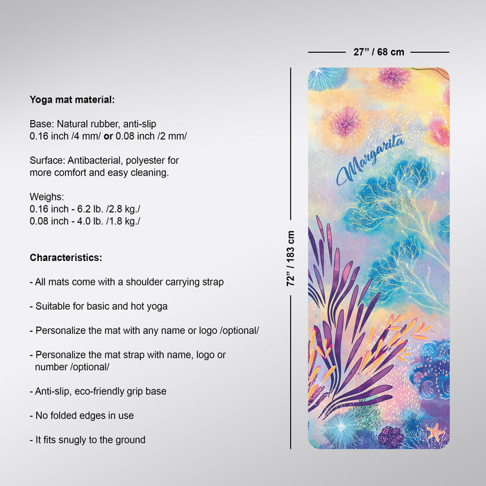Coral Reef Yoga Mat – Personalized Natural Rubber Yoga Rug with Strap – Sea Flowers Pilates Mat & Fitness Rug by ShopyLand, Y216
